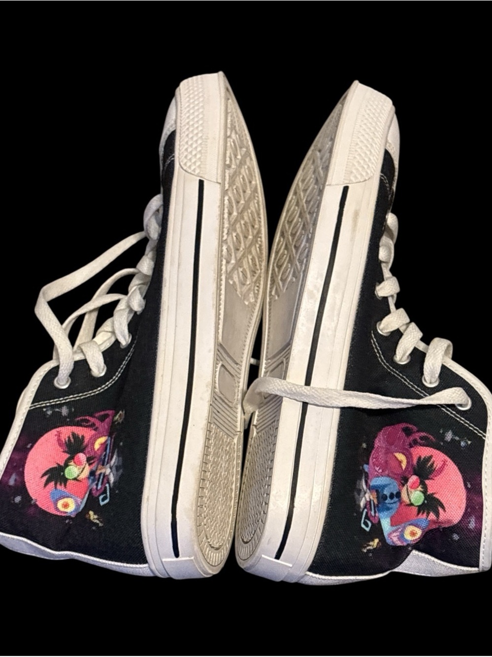 Women’s High-Top Canvas Sneakers - Black and White with Pink Characters Size 8